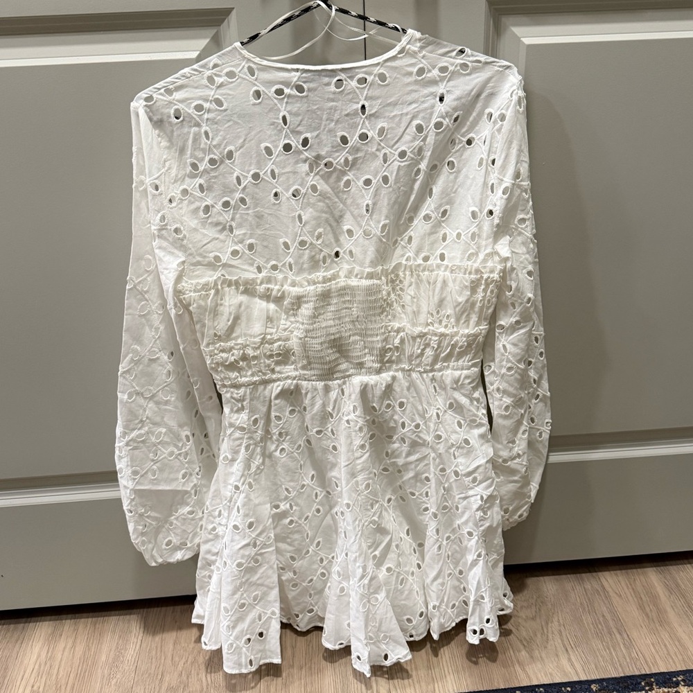 zara long sleeve eyelet mini dress in white - Picture 3 of 6